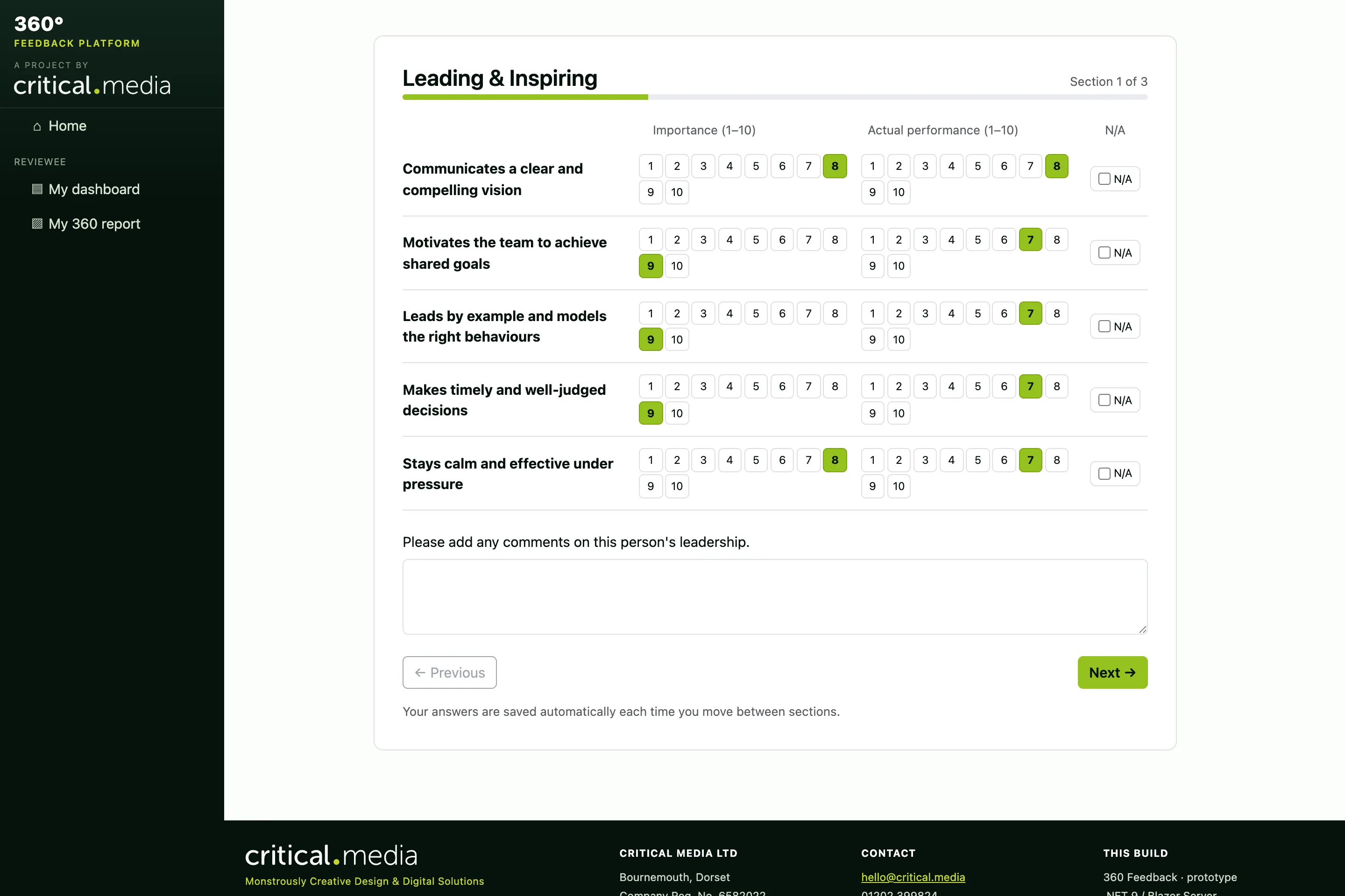 The reviewer questionnaire, showing questions scored 1 to 10 for both importance and actual performance, with a 'don't know' option.